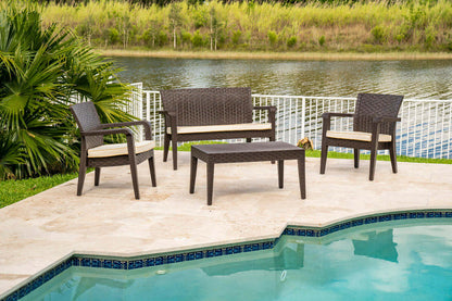 Brown 4-piece outdoor seating set with cream cushions includes 1 coffee table, 2 stackable armchairs and 1 loveseat