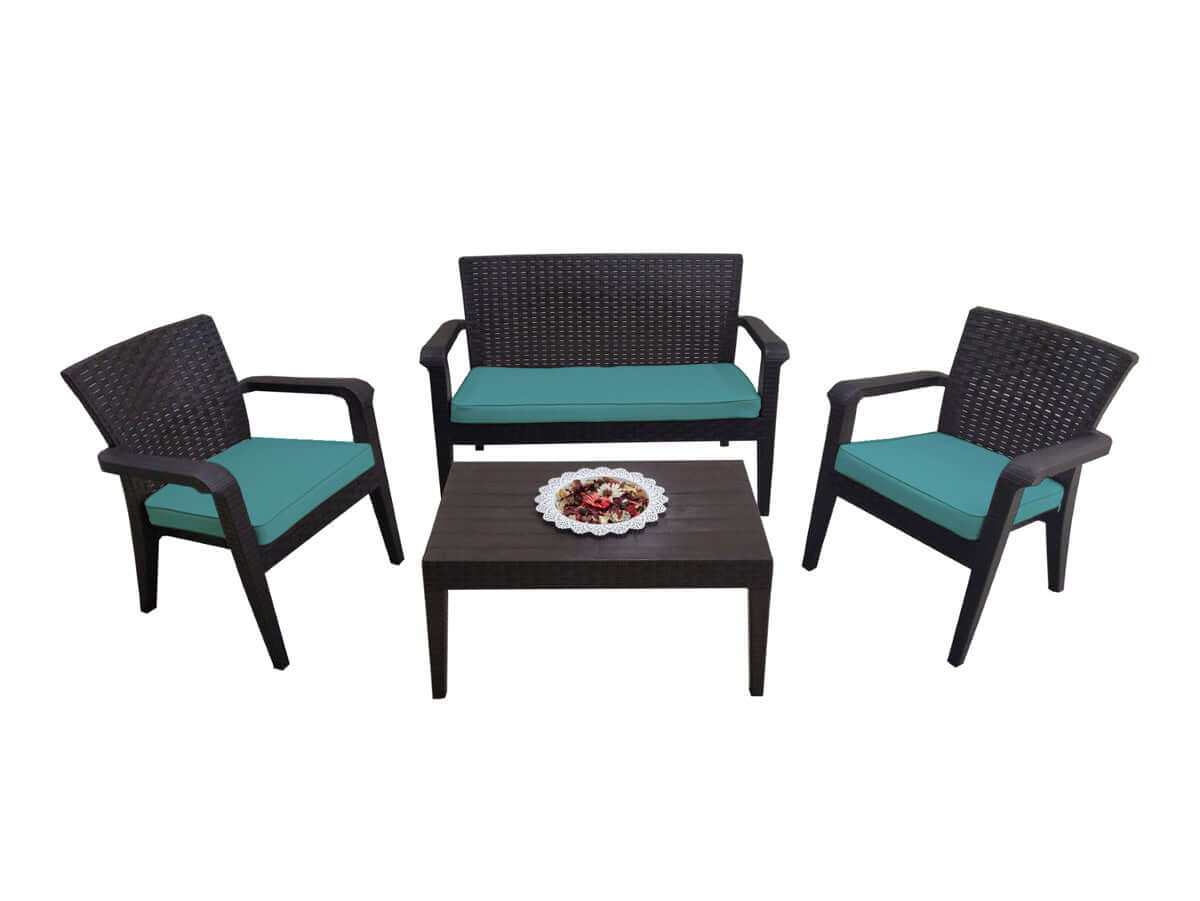 Brown 4-piece outdoor seating set with teal cushions includes 1 coffee table, 2 stackable armchairs and 1 loveseat