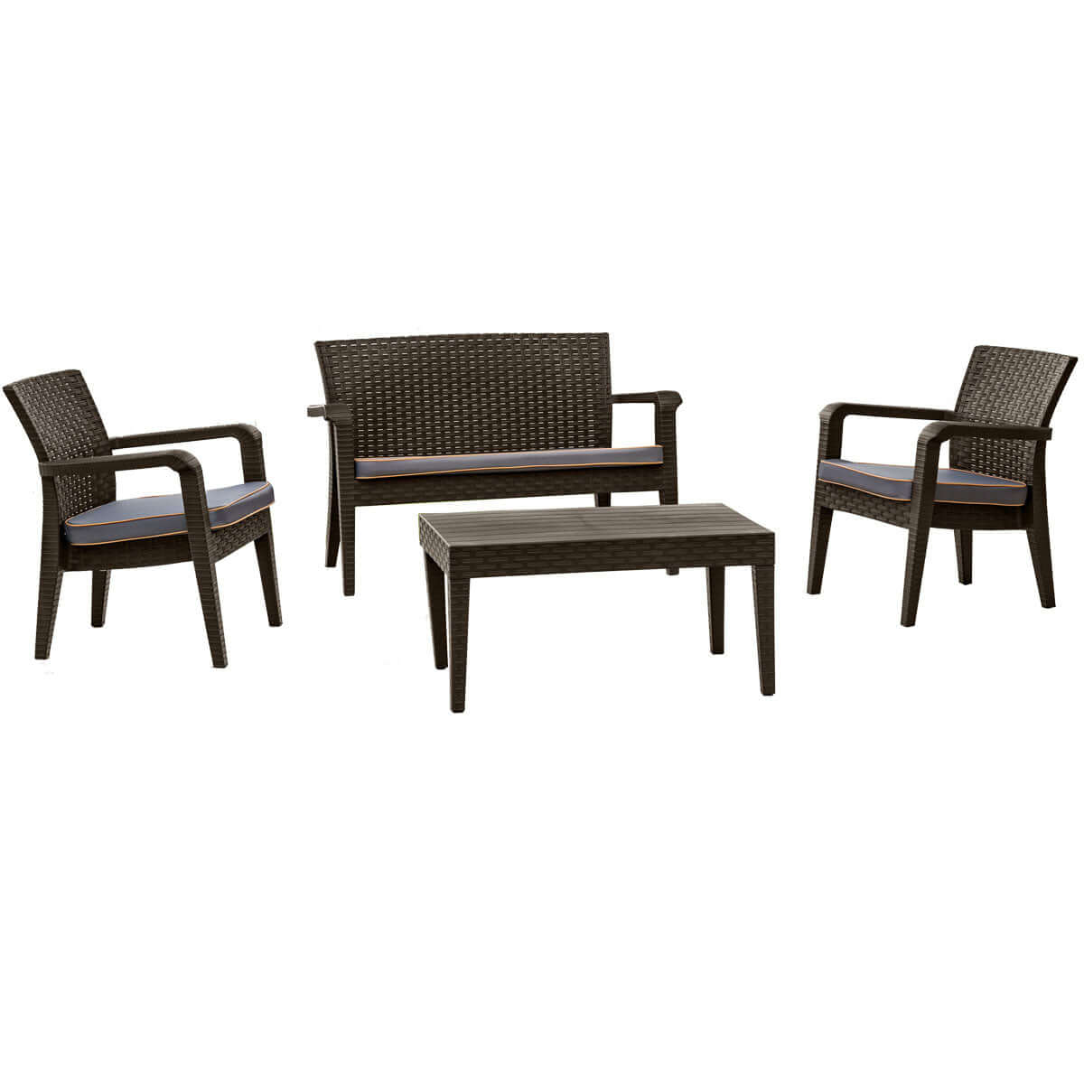 Brown 4-piece outdoor seating set with anthracite cushions includes 1 coffee table, 2 stackable armchairs and 1 loveseat