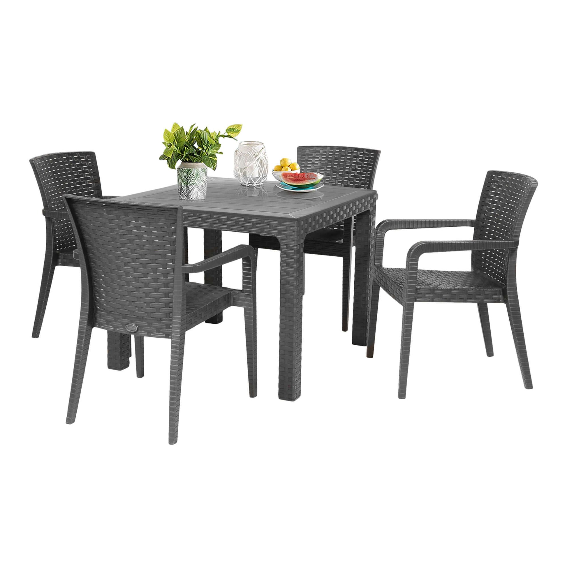 Black 5-Piece outdoor dining set made of UV-resistant resin includes 1 square table and 4 stackable dining armchairs