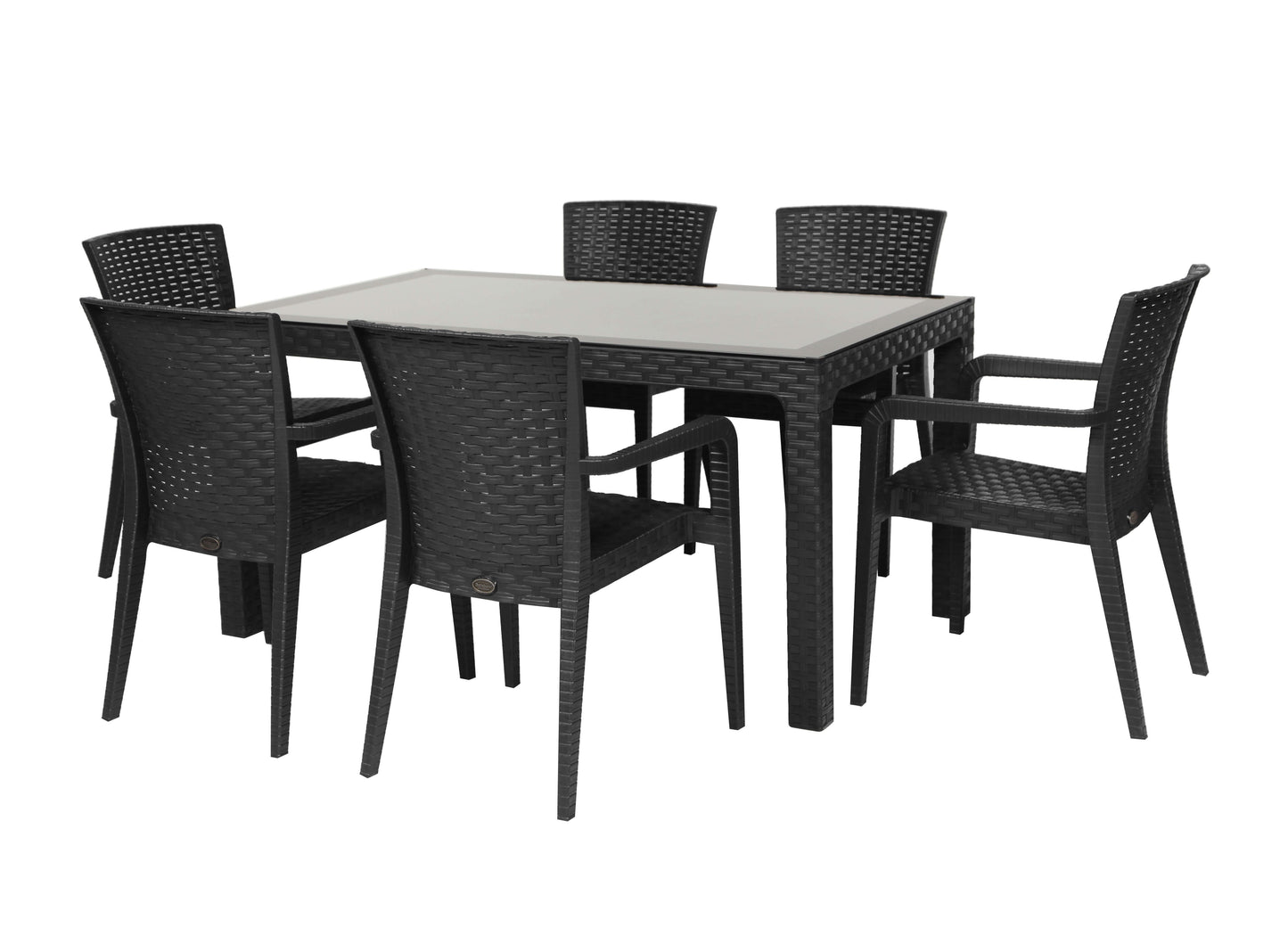 Black 7-piece outdoor dining set made of UV-resistant resin includes 1 rectangular table and 6 stackable dining armchairs