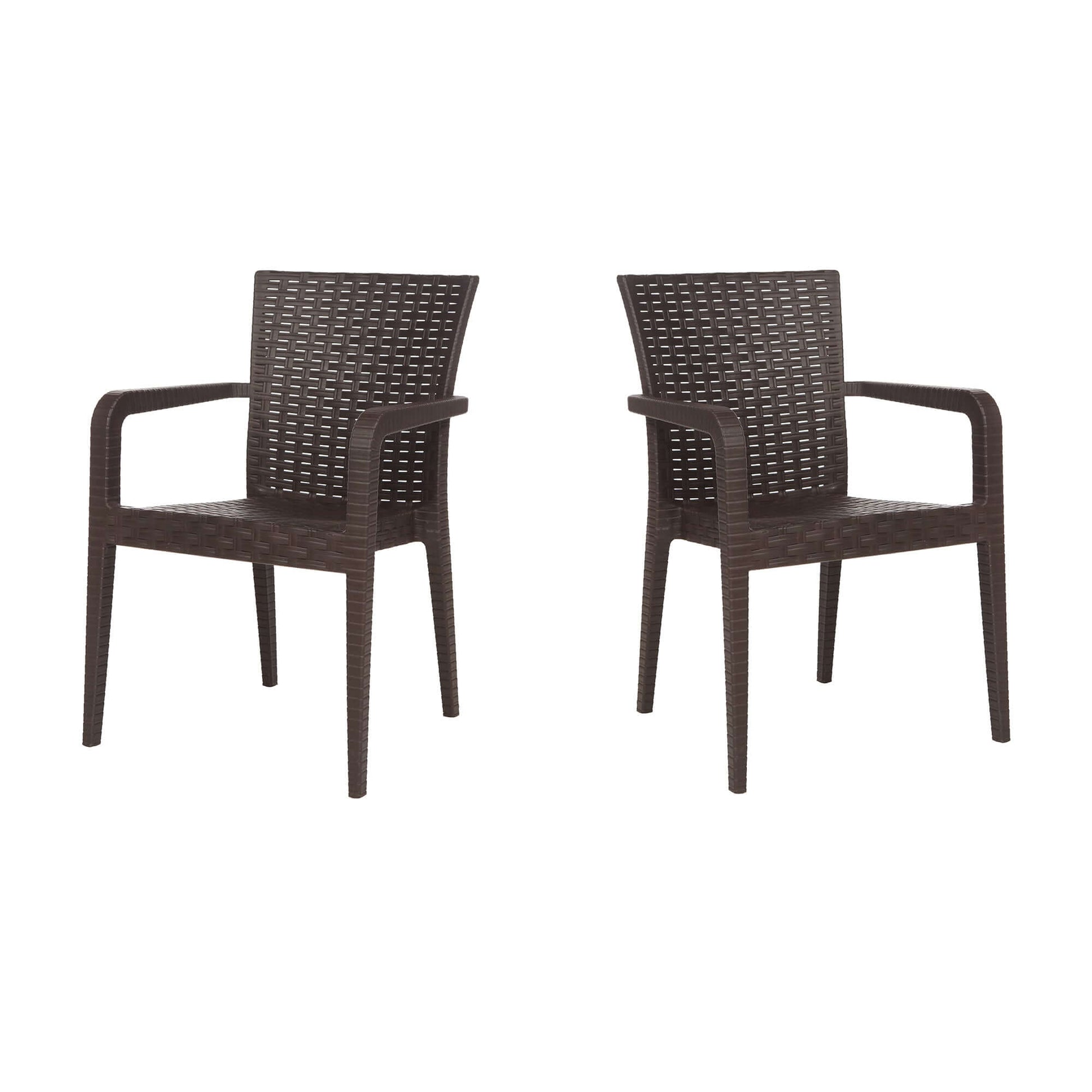 Brown set of 2 outdoor stackable armchairs made of UV resistant resin complements any outdoor table