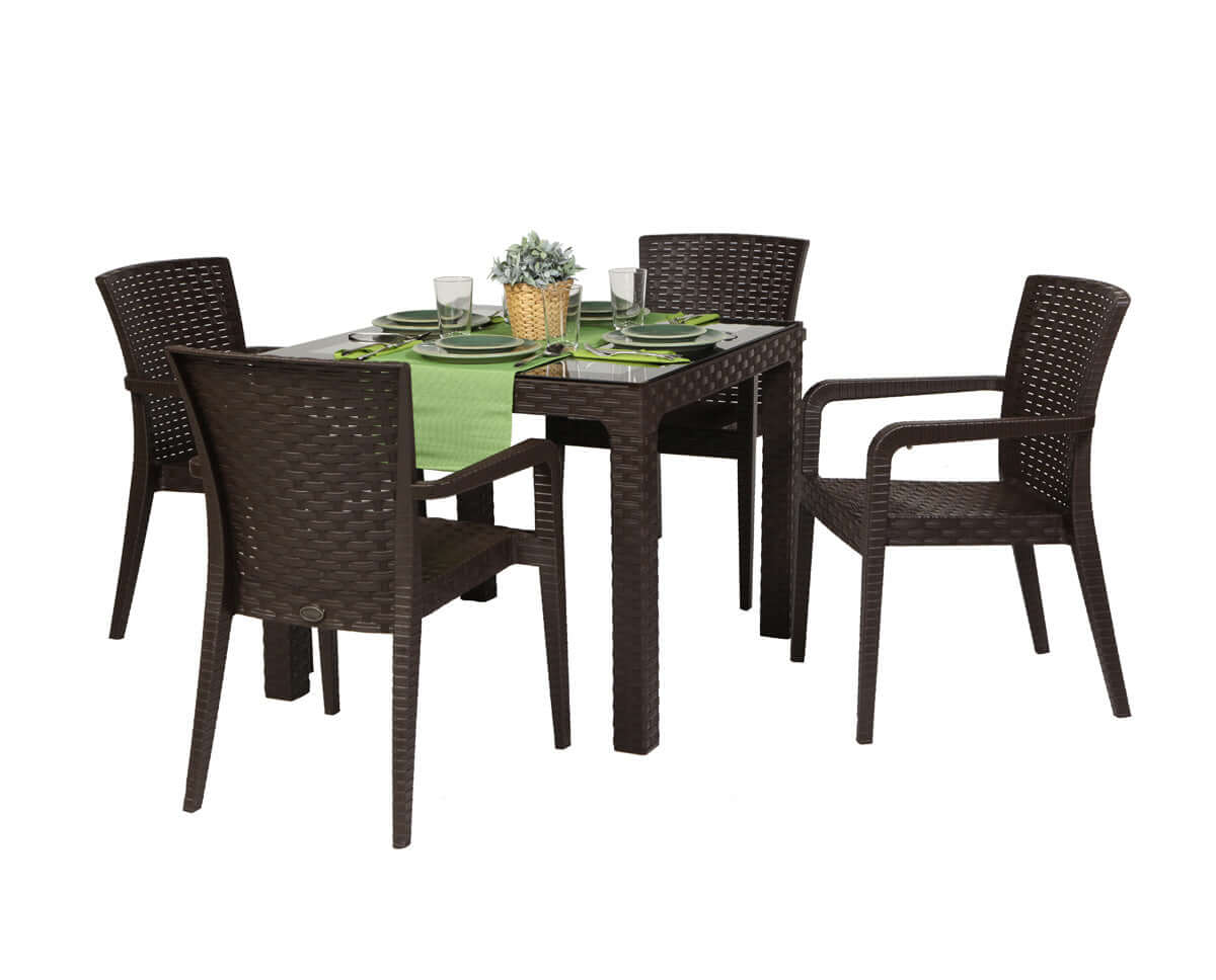 Brown 5-piece outdoor dining set includes 1 square table and 4 stackable armchairs