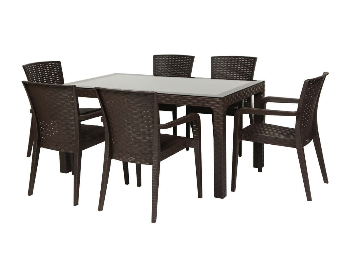 Brown 7-piece outdoor dining set includes 1 rectangular table and 6 stackable armchairs