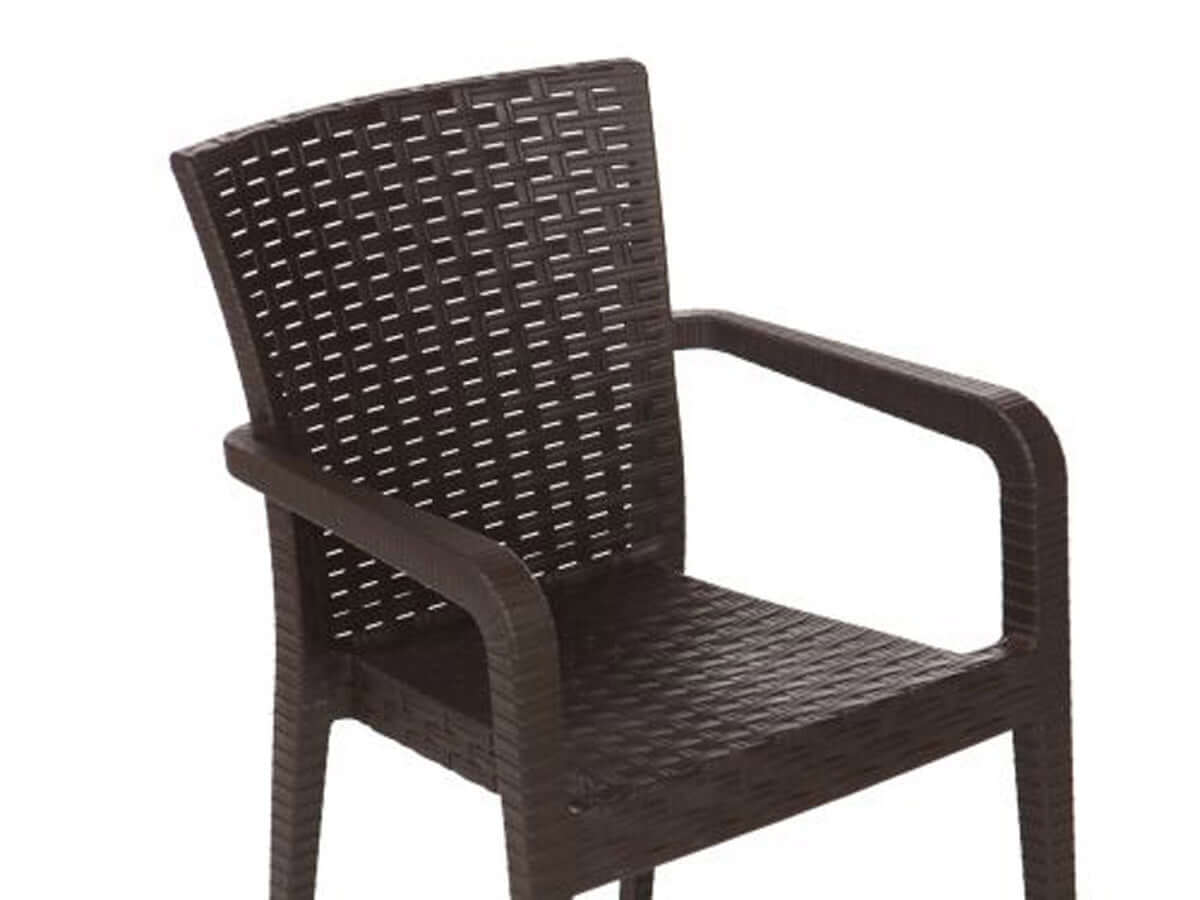 Brown set of 2 outdoor stackable armchairs made of UV resistant resin complements any outdoor table