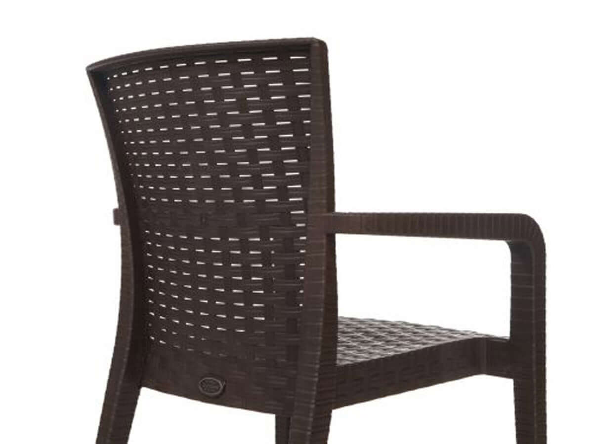 Brown set of 2 outdoor stackable armchairs made of UV resistant resin complements any outdoor table