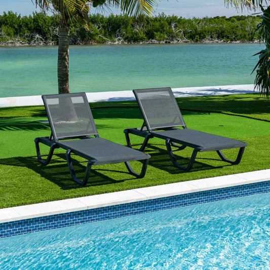 Black set of 2 outdoor sling chaise loungers that are commercial-grade quality for durability and heavy use