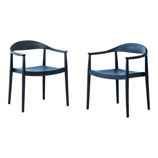 Black set of 2 outdoor stackable armchairs made of UV resistant resin complements any outdoor table