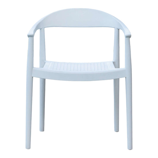 White set of 2 outdoor stackable armchairs made of UV resistant resin complements any outdoor table