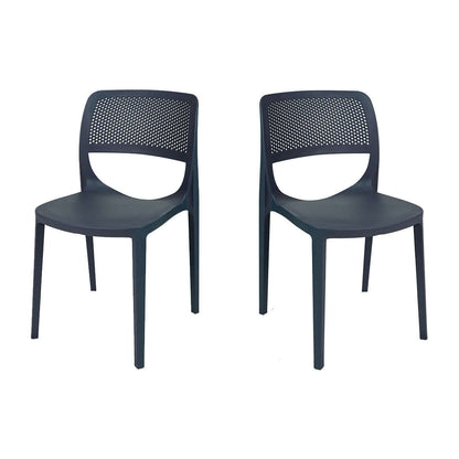 Black set of 2 outdoor stackable side chairs made of UV resistant resin making this chair easy to maintain