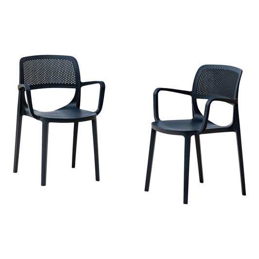 Black set of 2 outdoor stackable armchairs made of UV resistant resin perfect for commercial or residential use