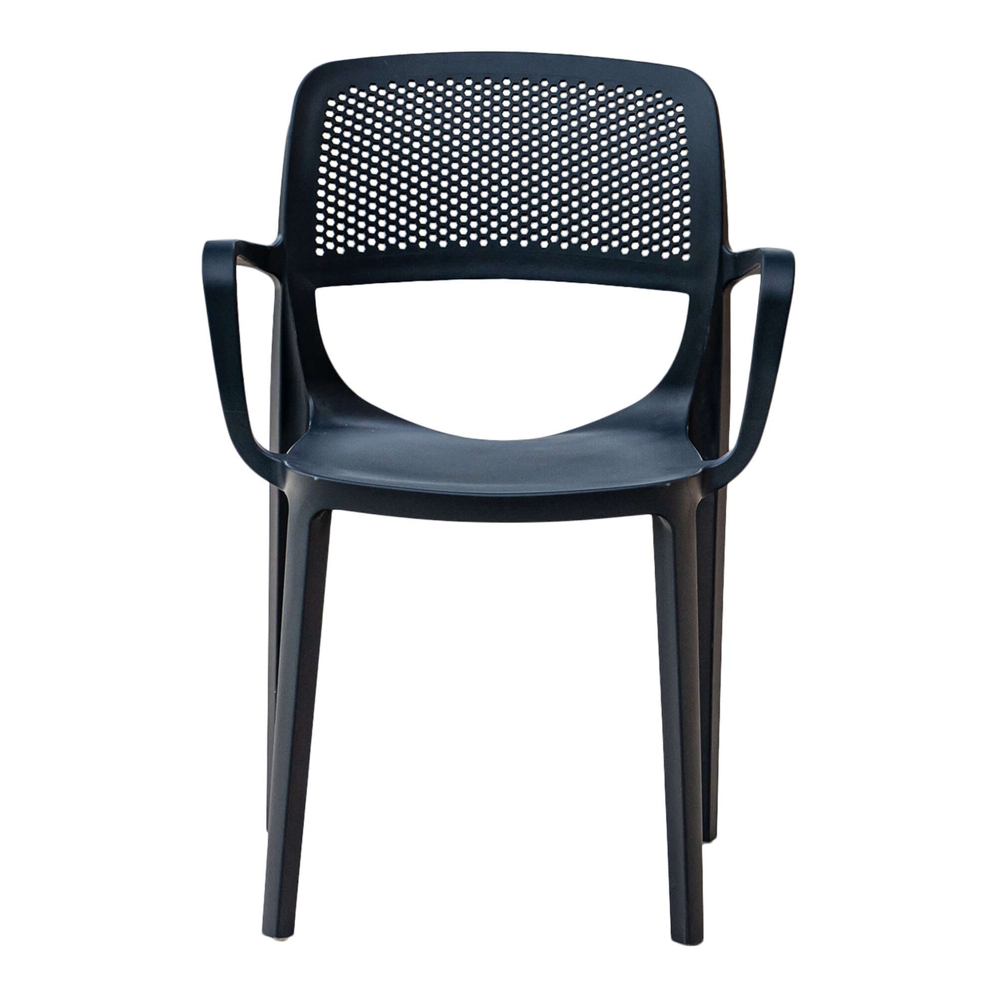 Black set of 2 outdoor stackable armchairs made of UV resistant resin perfect for commercial or residential use