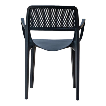 Black set of 2 outdoor stackable armchairs made of UV resistant resin perfect for commercial or residential use