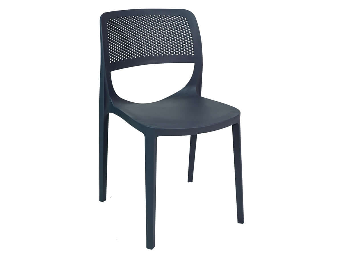 Black set of 2 outdoor stackable side chairs made of UV resistant resin making this chair easy to maintain