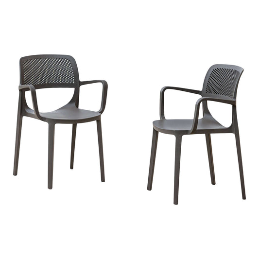 Brown set of 2 outdoor stackable armchairs made of UV resistant resin perfect for commercial or residential use