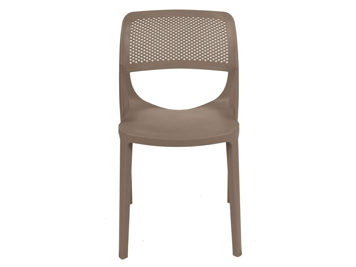 Brown set of 2 outdoor stackable side chairs made of UV resistant resin making this chair easy to maintain