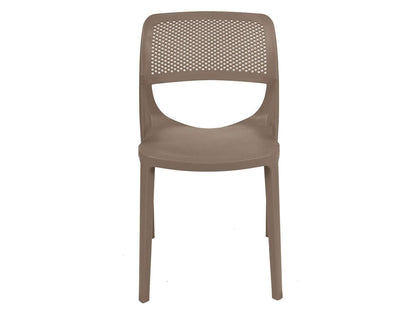 Brown set of 2 outdoor stackable side chairs made of UV resistant resin making this chair easy to maintain