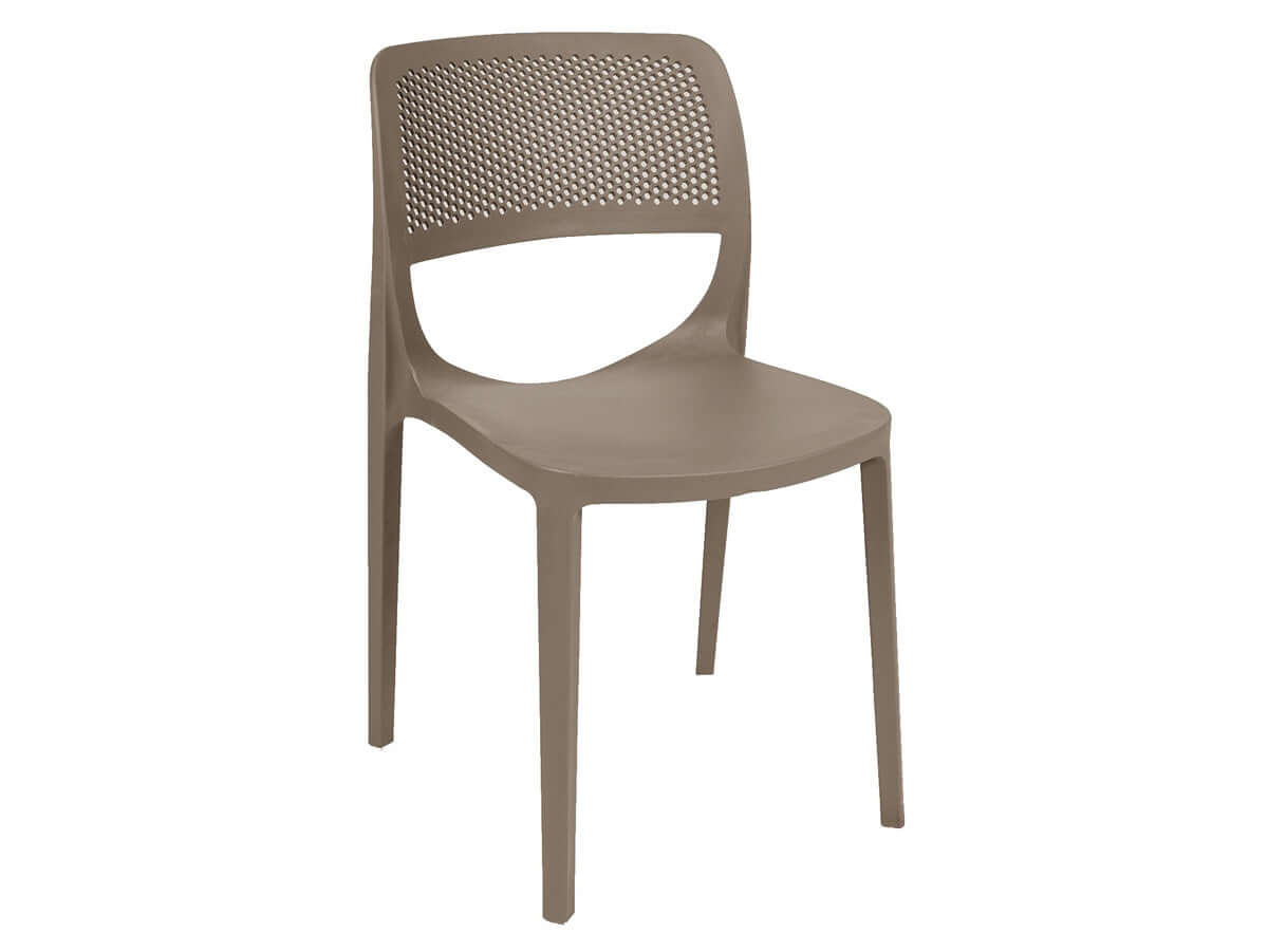 Brown set of 2 outdoor stackable side chairs made of UV resistant resin making this chair easy to maintain