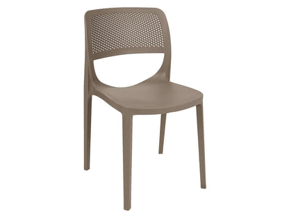 Brown set of 2 outdoor stackable side chairs made of UV resistant resin making this chair easy to maintain