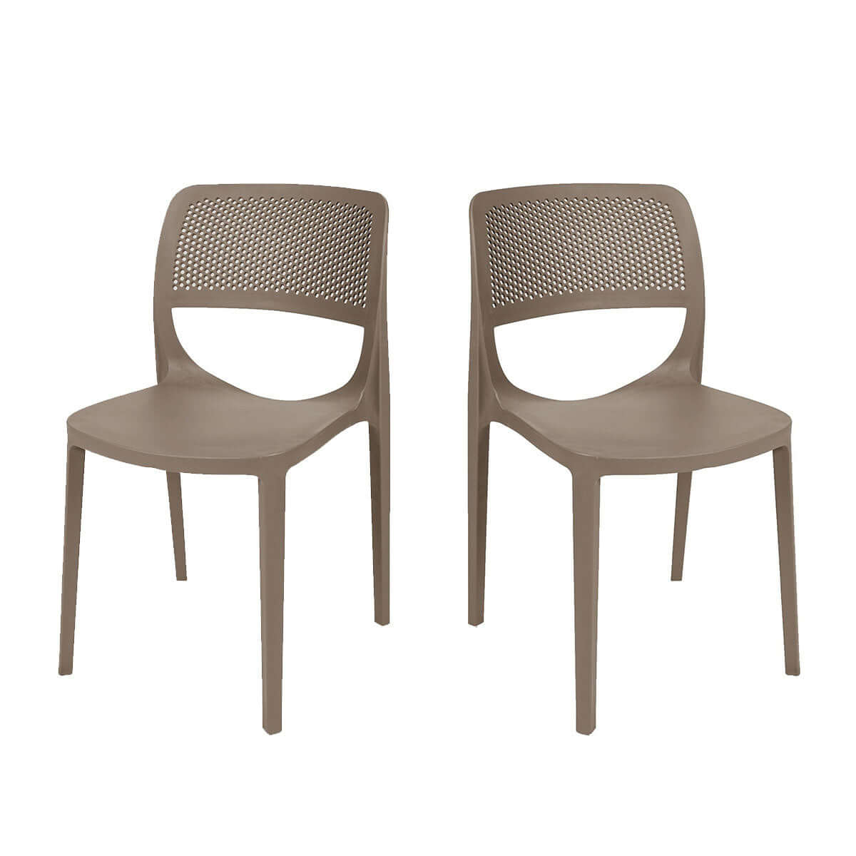 Brown set of 2 outdoor stackable side chairs made of UV resistant resin making this chair easy to maintain