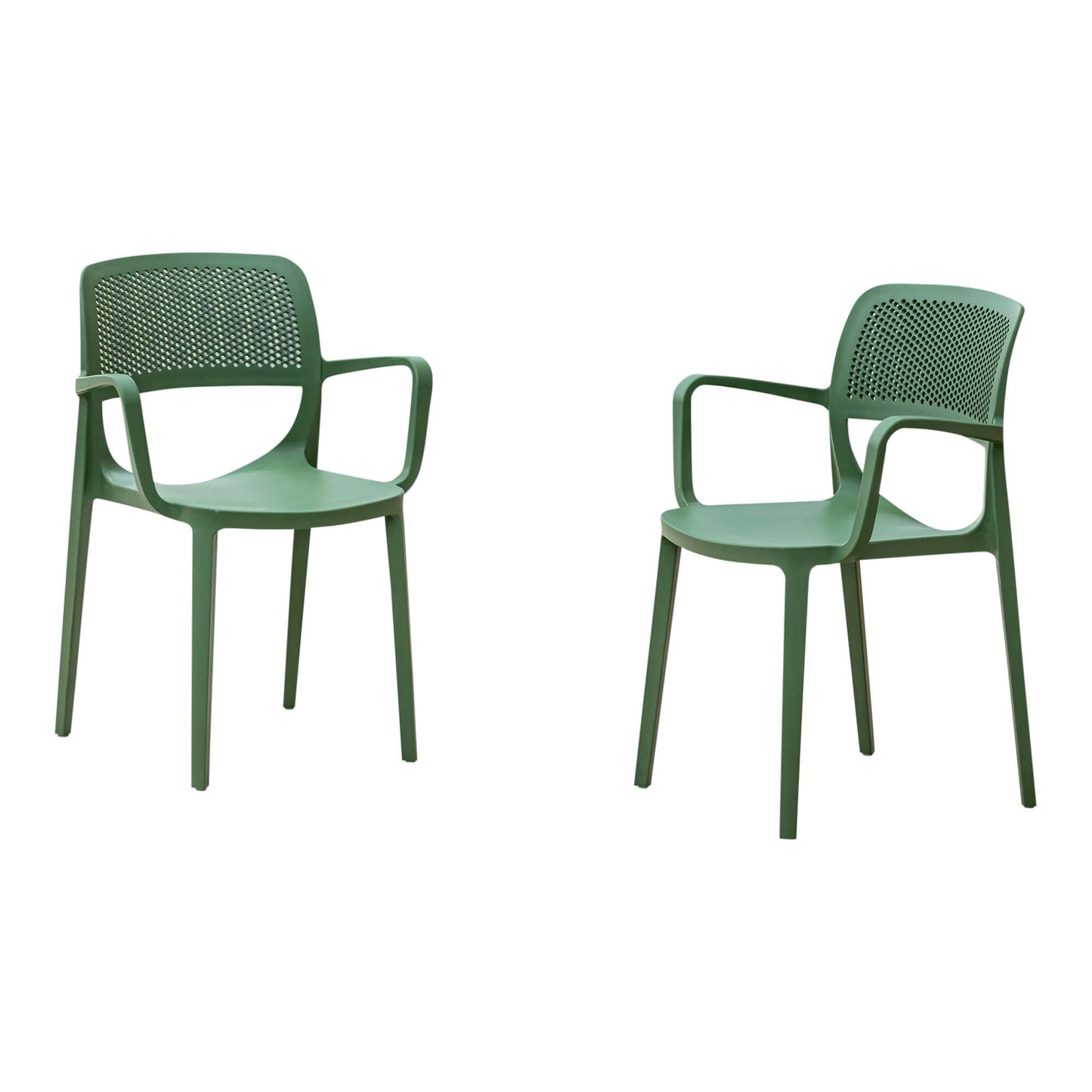 Green set of 2 outdoor stackable armchairs made of UV resistant resin perfect for commercial or residential use