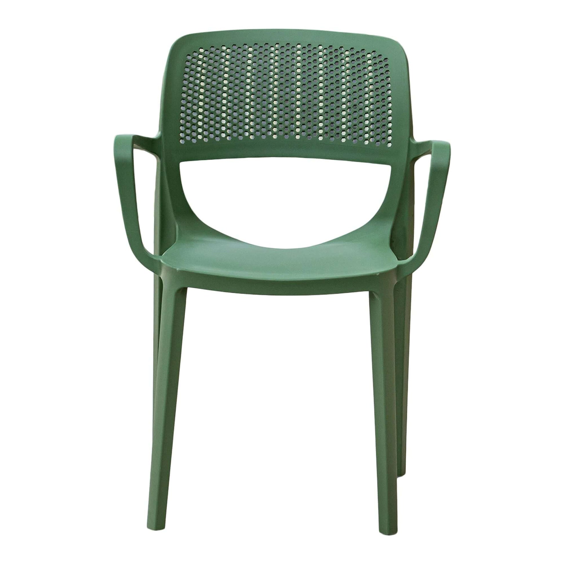 Green set of 2 outdoor stackable armchairs made of UV resistant resin perfect for commercial or residential use