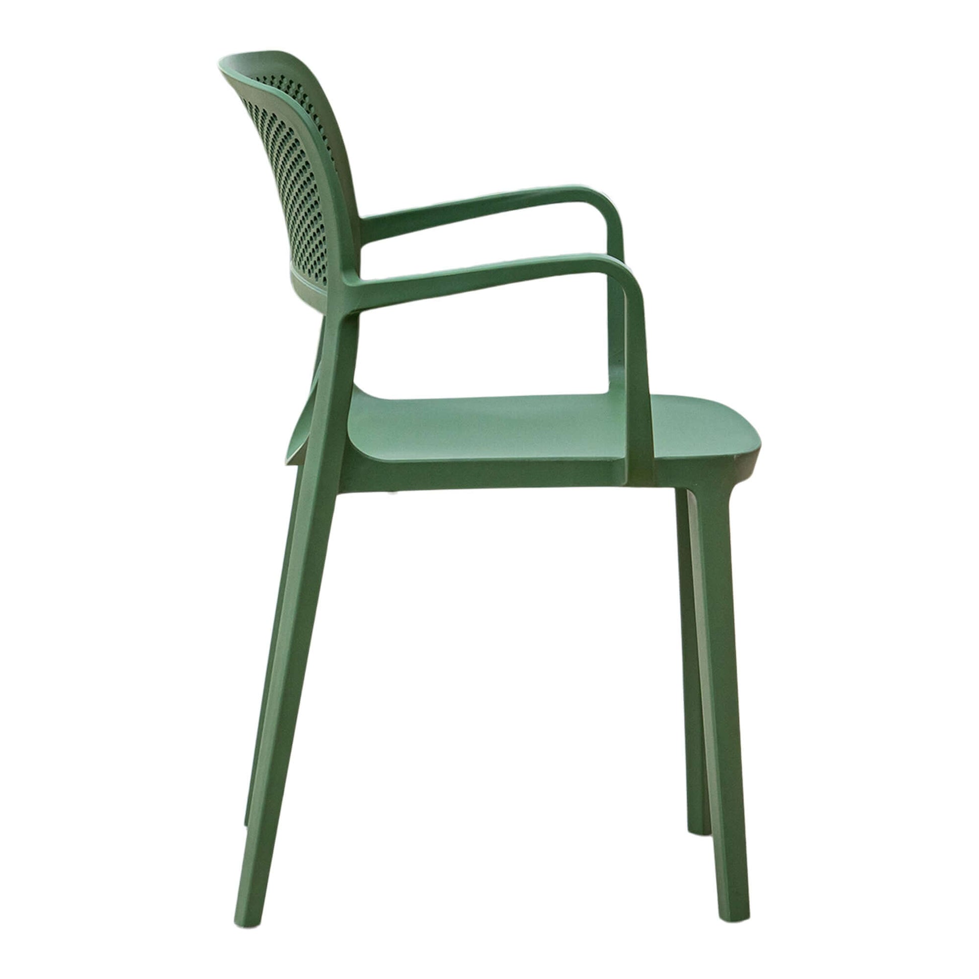 Green set of 2 outdoor stackable armchairs made of UV resistant resin perfect for commercial or residential use