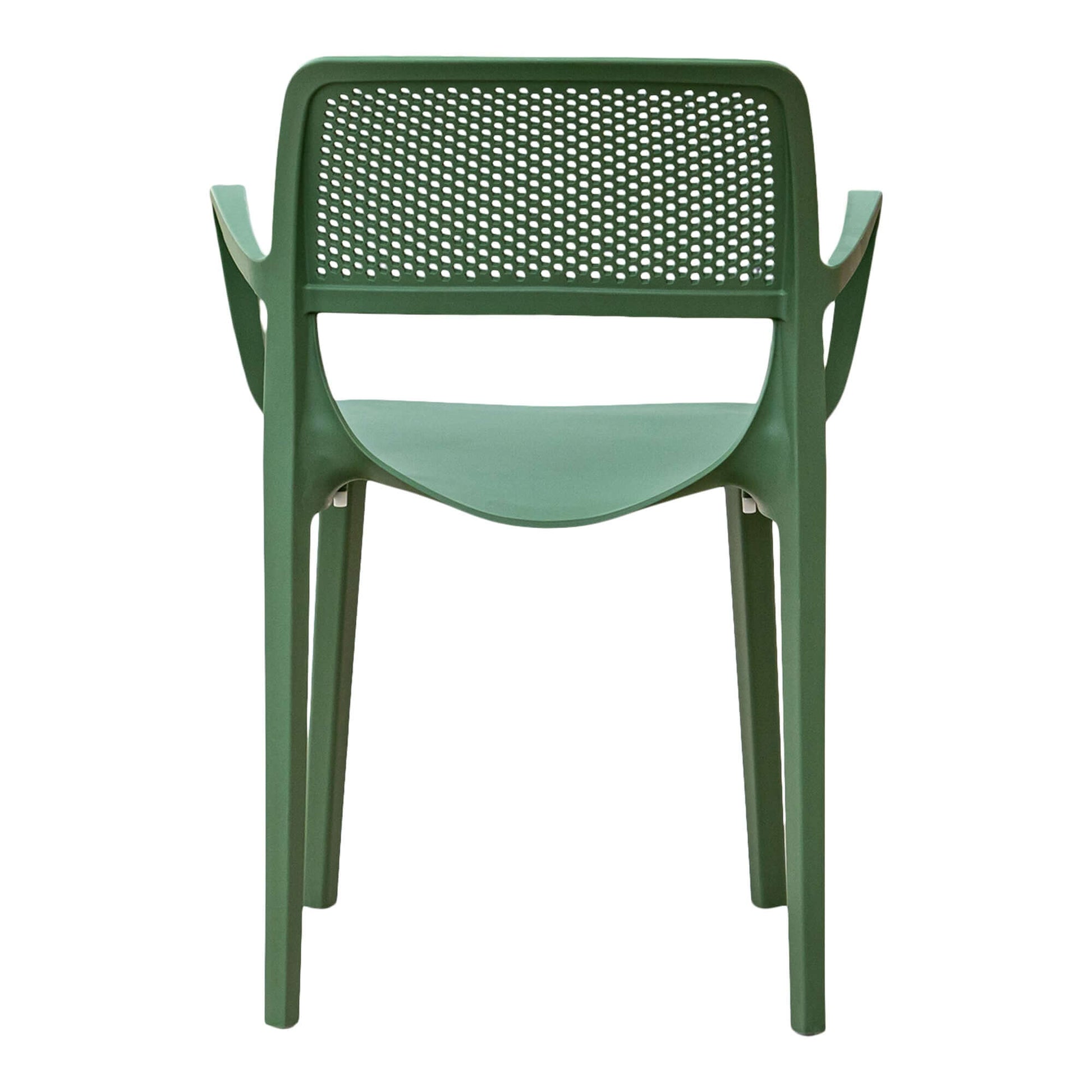 Green set of 2 outdoor stackable armchairs made of UV resistant resin perfect for commercial or residential use