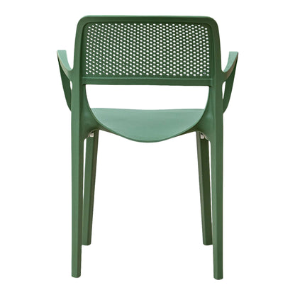 Green set of 2 outdoor stackable armchairs made of UV resistant resin perfect for commercial or residential use