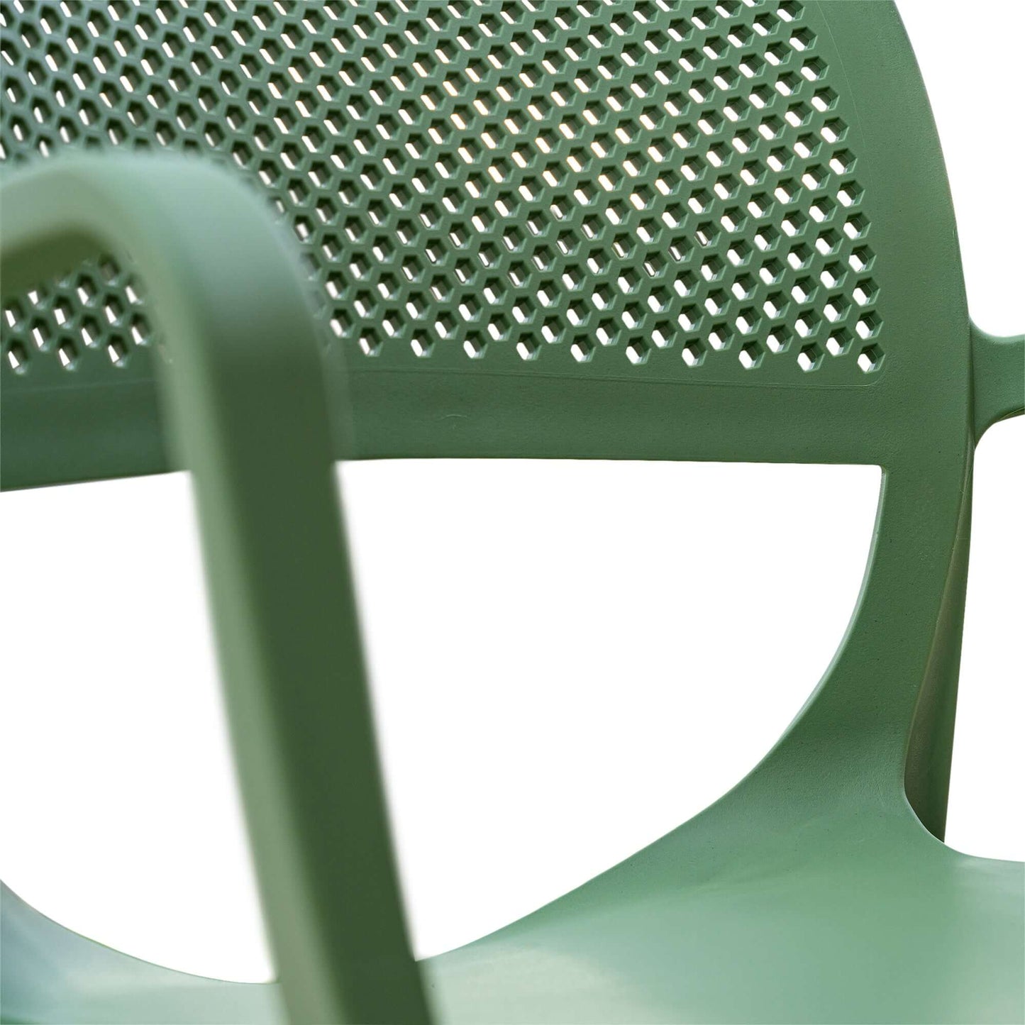 Green set of 2 outdoor stackable armchairs made of UV resistant resin perfect for commercial or residential use