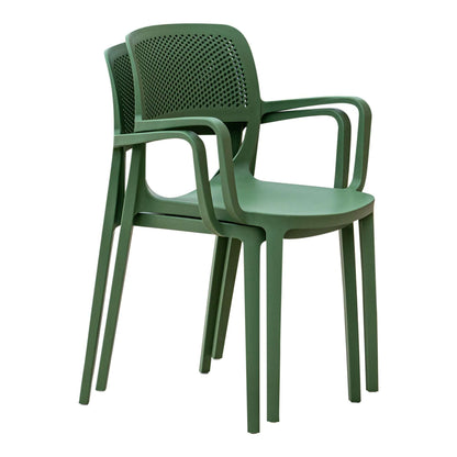 Green set of 2 outdoor stackable armchairs made of UV resistant resin perfect for commercial or residential use