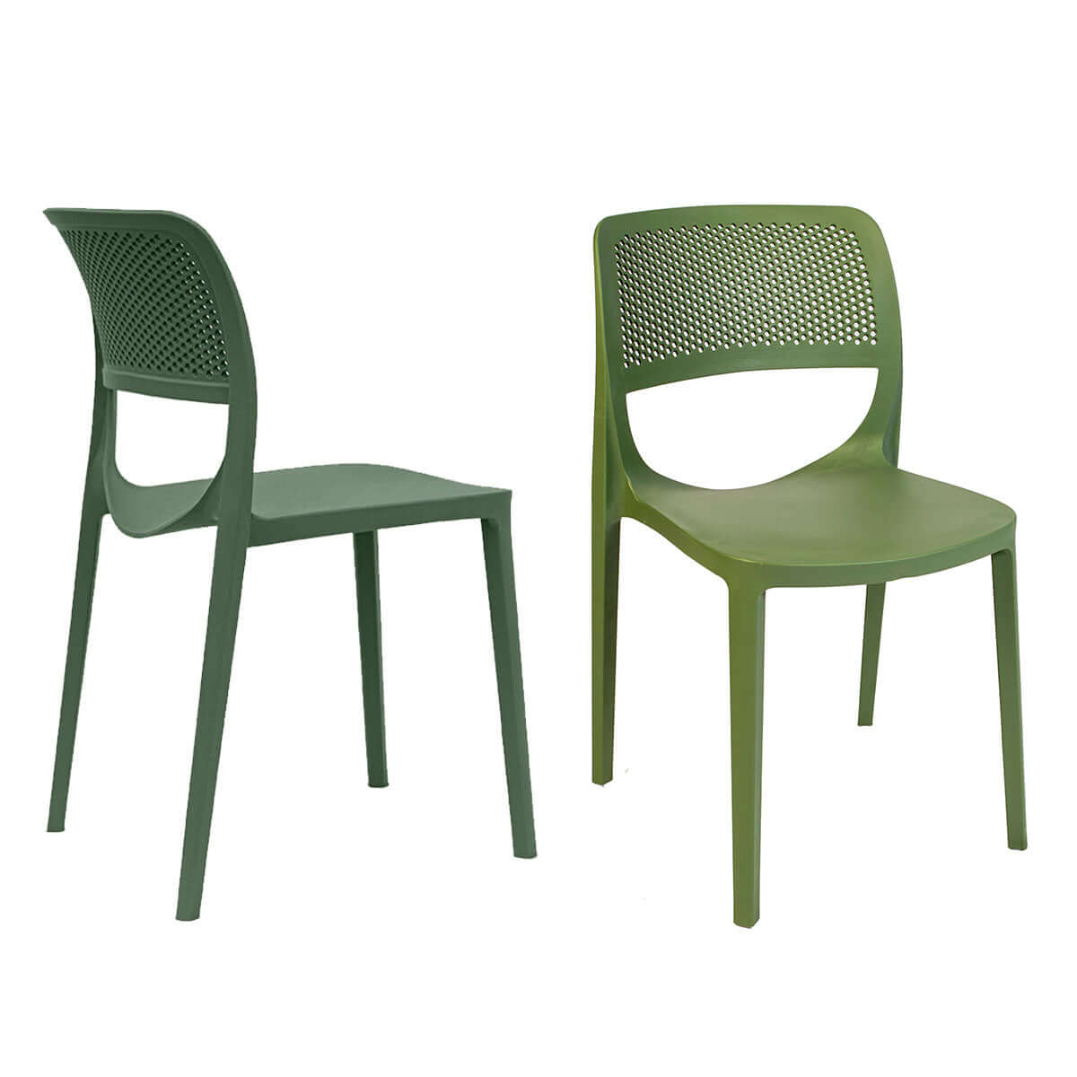 Green set of 2 outdoor stackable side chairs made of UV resistant resin making this chair easy to maintain