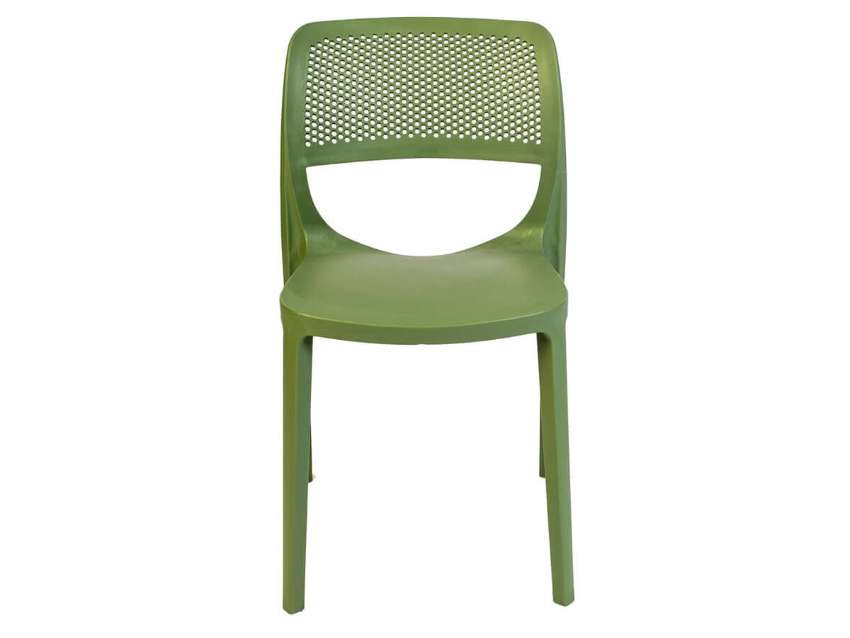 Green set of 2 outdoor stackable side chairs made of UV resistant resin making this chair easy to maintain