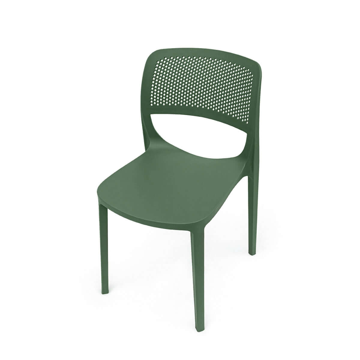 Green set of 2 outdoor stackable side chairs made of UV resistant resin making this chair easy to maintain