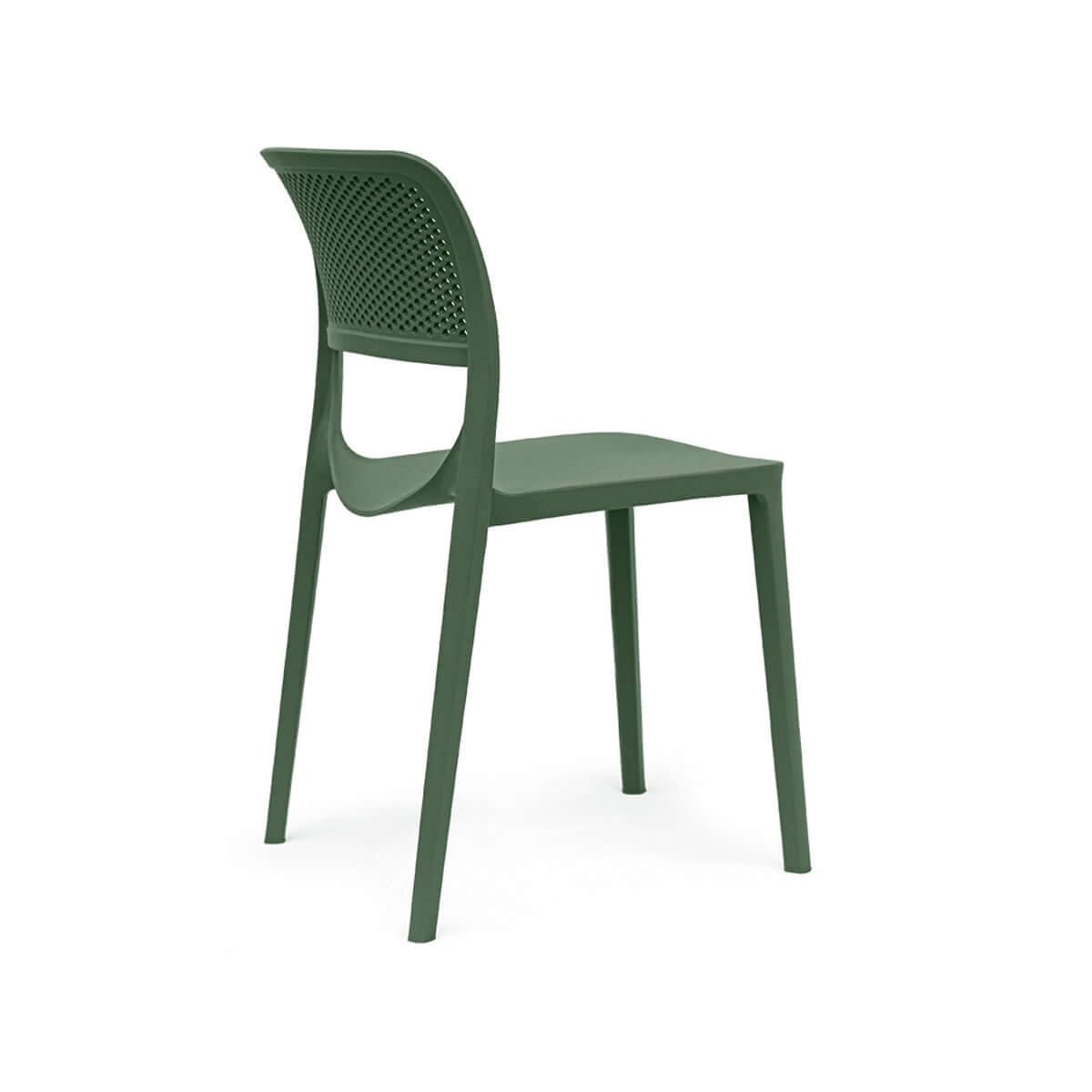 Green set of 2 outdoor stackable side chairs made of UV resistant resin making this chair easy to maintain