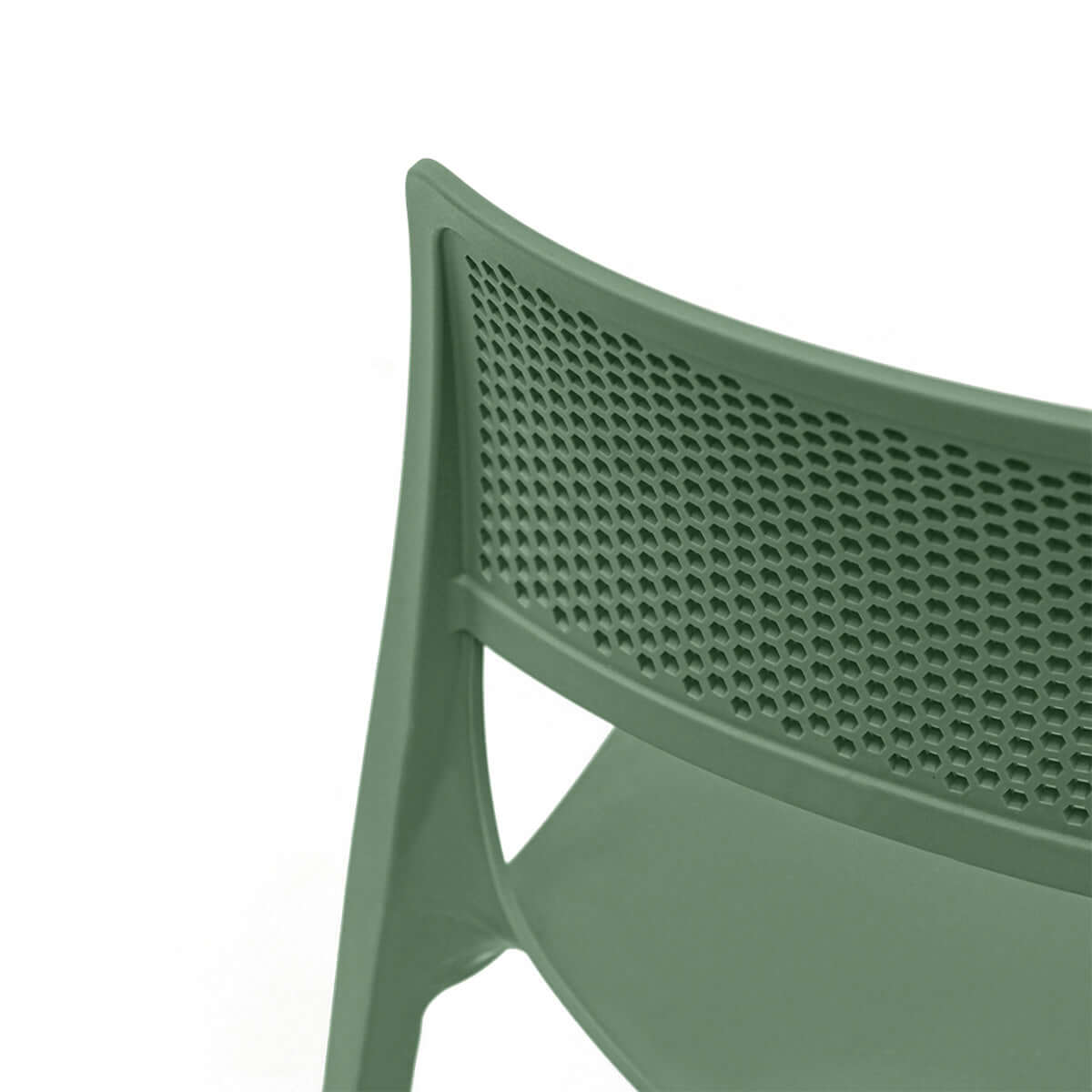 Green set of 2 outdoor stackable side chairs made of UV resistant resin making this chair easy to maintain