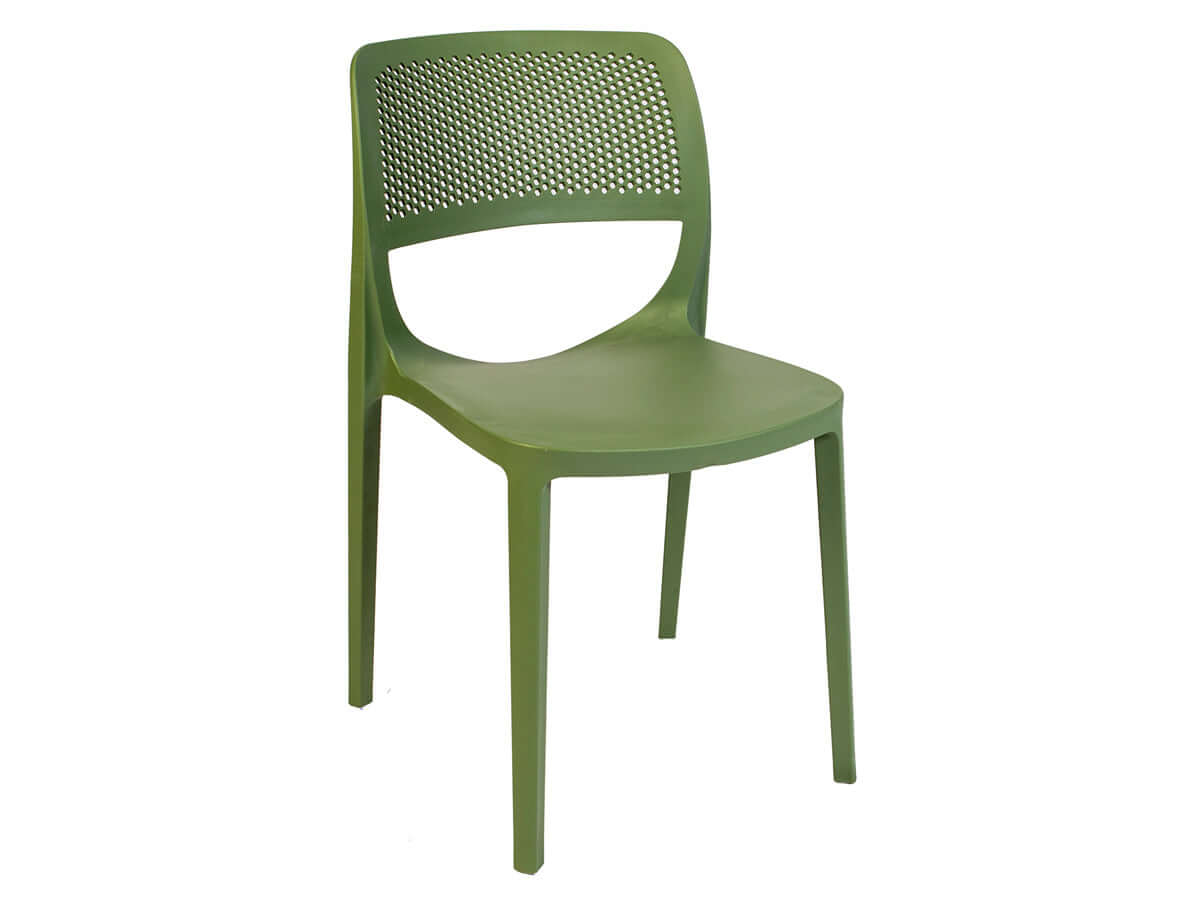 Green set of 2 outdoor stackable side chairs made of UV resistant resin making this chair easy to maintain