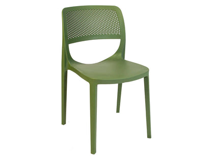 Green set of 2 outdoor stackable side chairs made of UV resistant resin making this chair easy to maintain