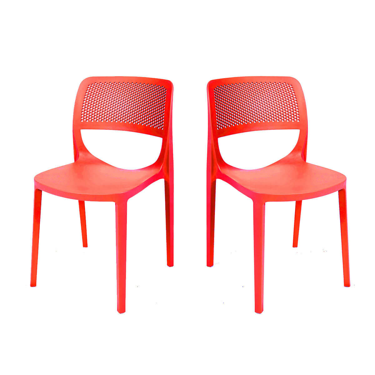 Red set of 2 outdoor stackable side chairs made of UV resistant resin making this chair easy to maintain