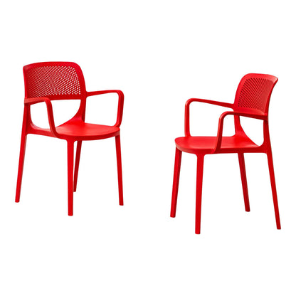 Red set of 2 outdoor stackable armchairs made of UV resistant resin perfect for commercial or residential use