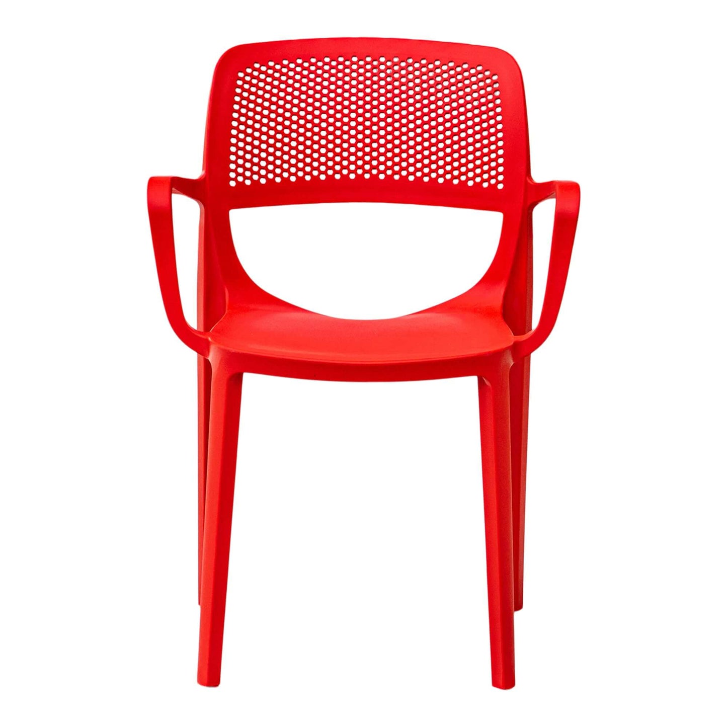 Red set of 2 outdoor stackable armchairs made of UV resistant resin perfect for commercial or residential use