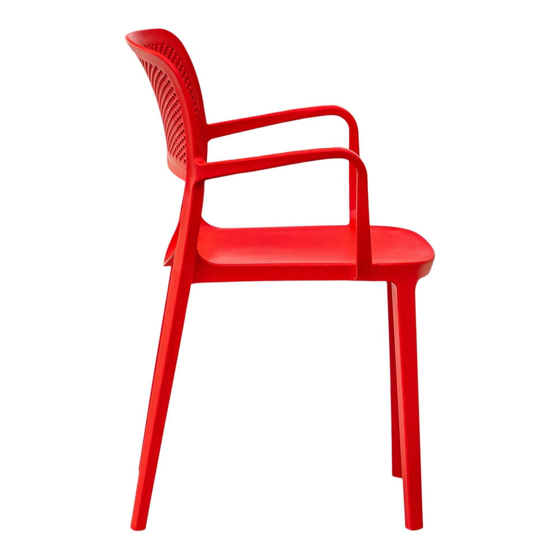 Red set of 2 outdoor stackable armchairs made of UV resistant resin perfect for commercial or residential use