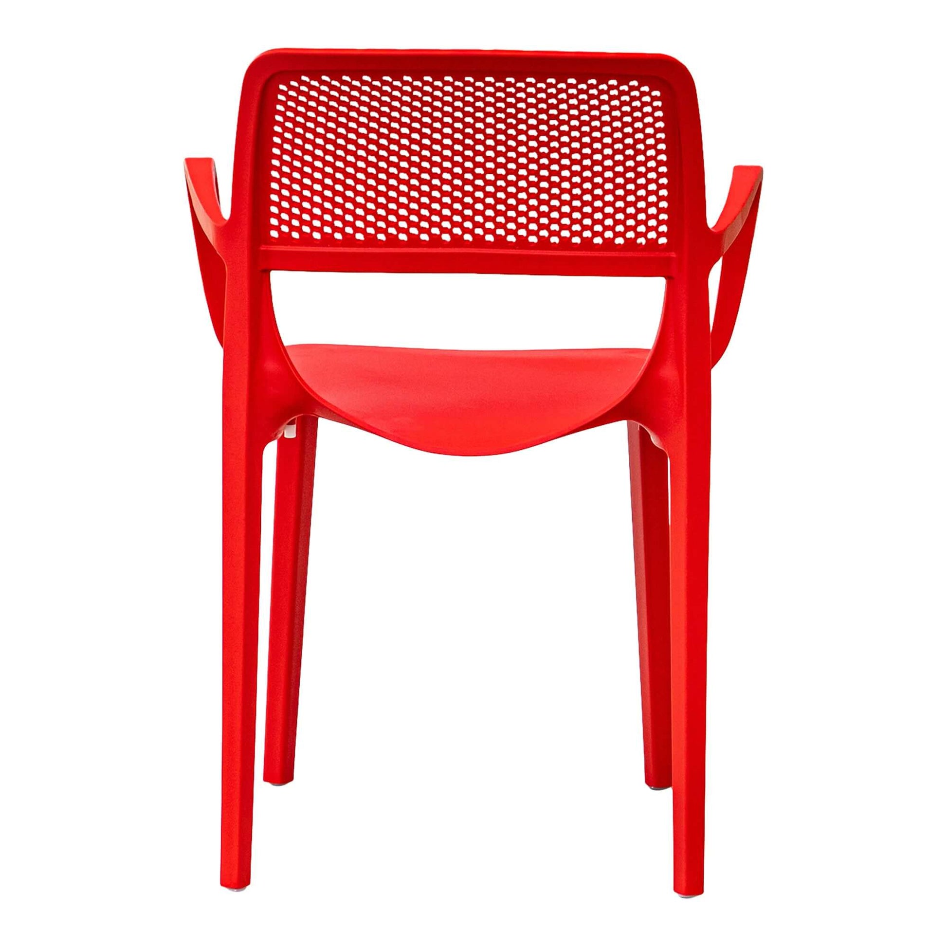 Red set of 2 outdoor stackable armchairs made of UV resistant resin perfect for commercial or residential use