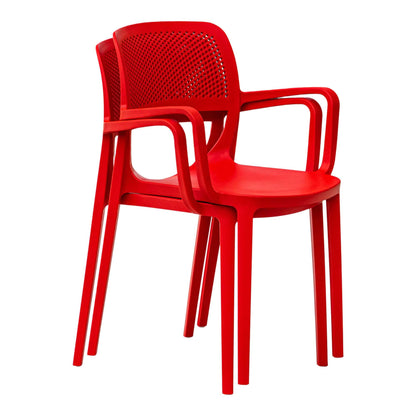 Red set of 2 outdoor stackable armchairs made of UV resistant resin perfect for commercial or residential use