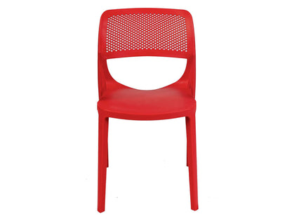 Red set of 2 outdoor stackable side chairs made of UV resistant resin making this chair easy to maintain