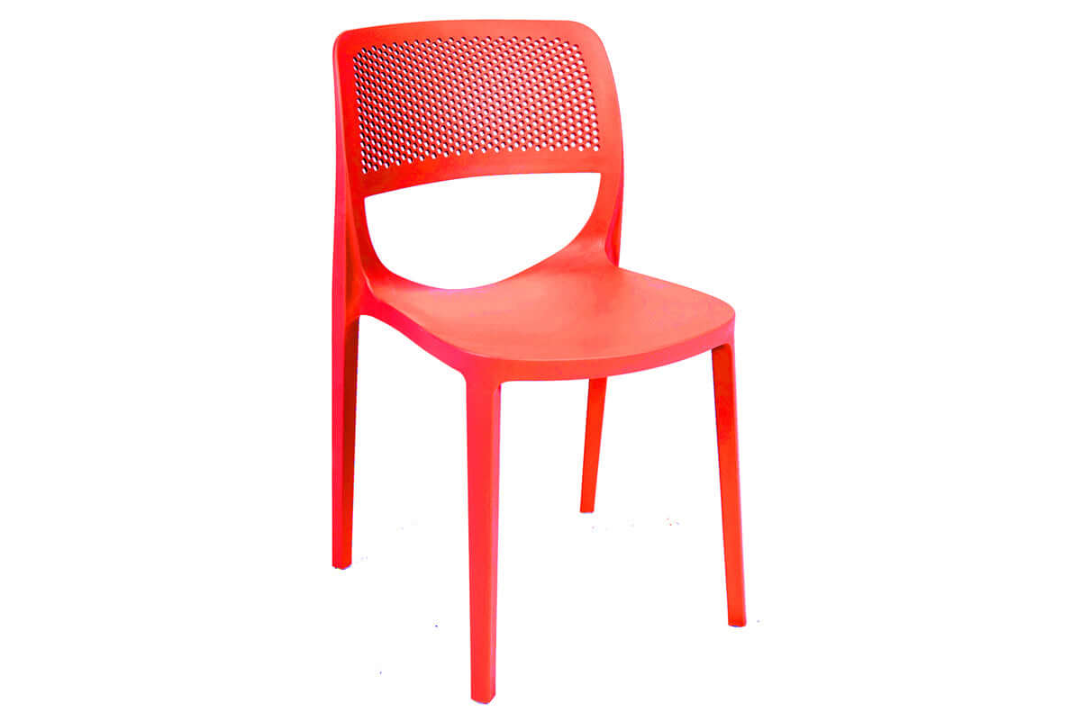 Red set of 2 outdoor stackable side chairs made of UV resistant resin making this chair easy to maintain