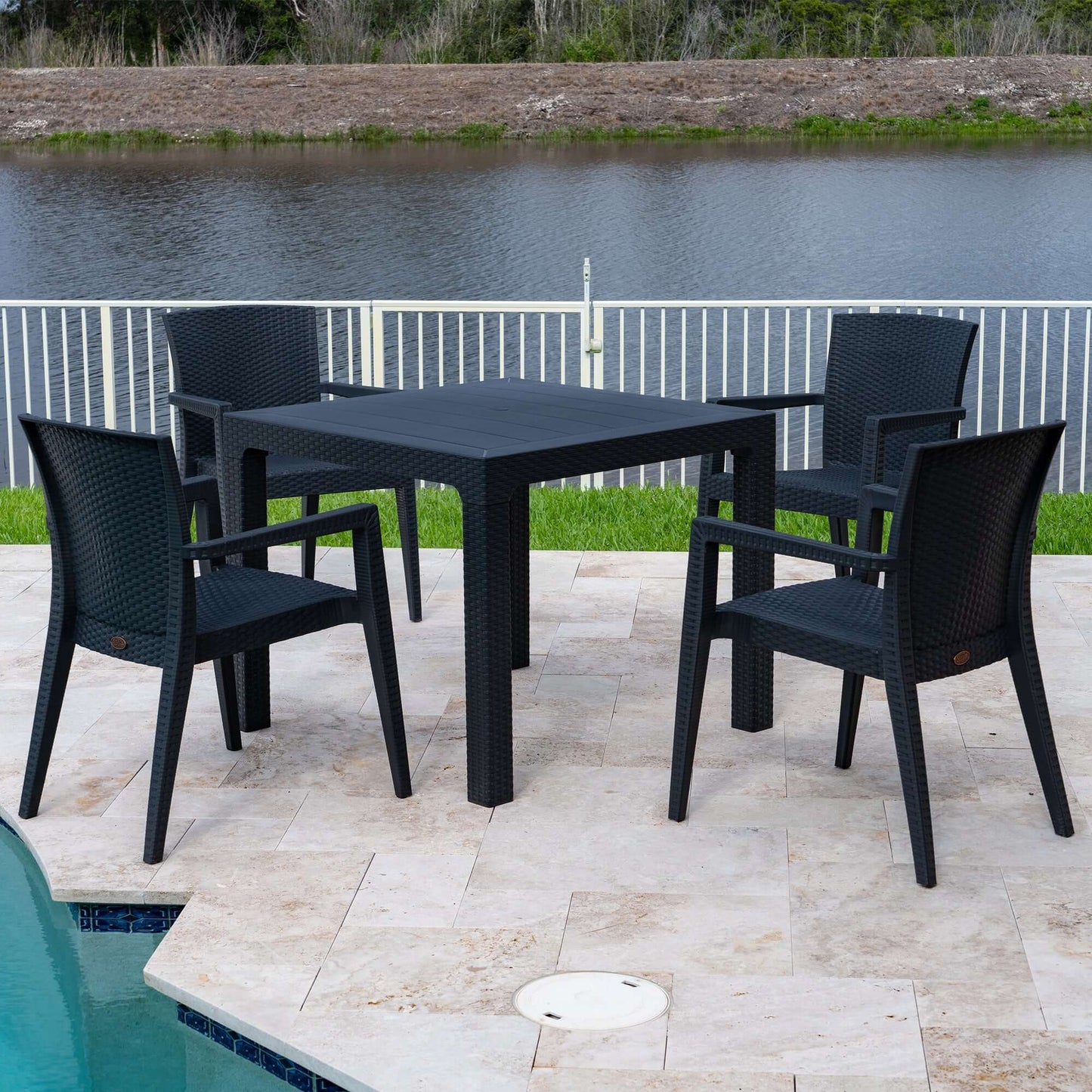 Black 5-piece outdoor dining set includes 1 square table and 4 wicker stackable armchairs