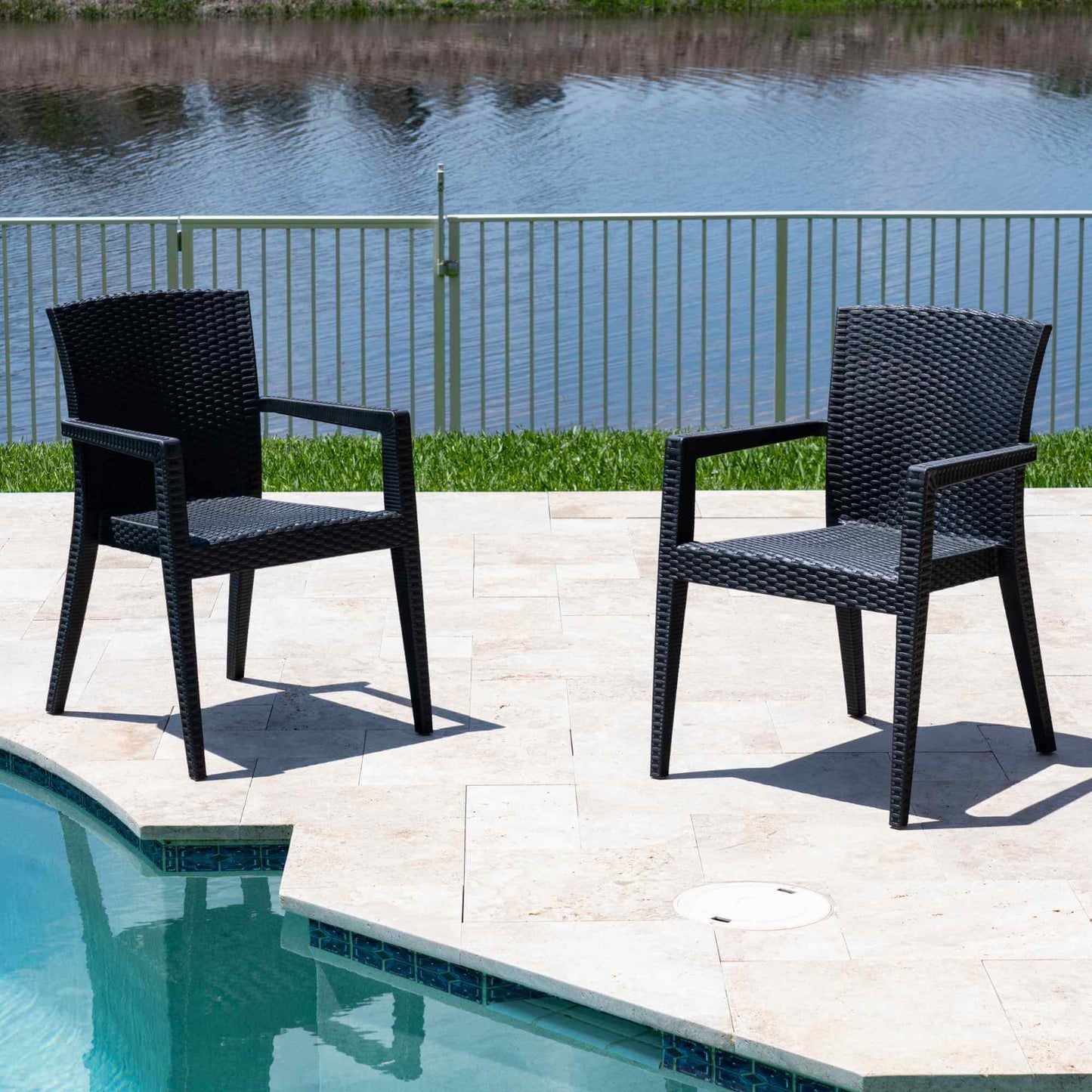 Black 5-piece outdoor dining set includes 1 square table and 4 wicker stackable armchairs