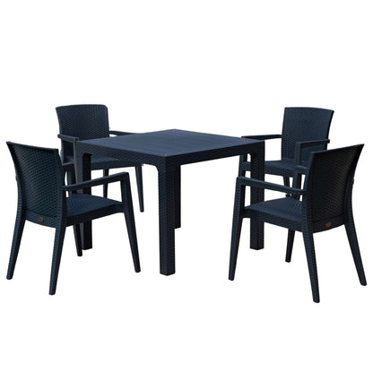 Black 5-piece outdoor dining set includes 1 square table and 4 wicker stackable armchairs