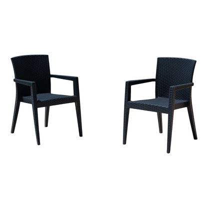 Black set of 2 outdoor stackable armchairs with modern design featuring flat wicker that's easy to clean